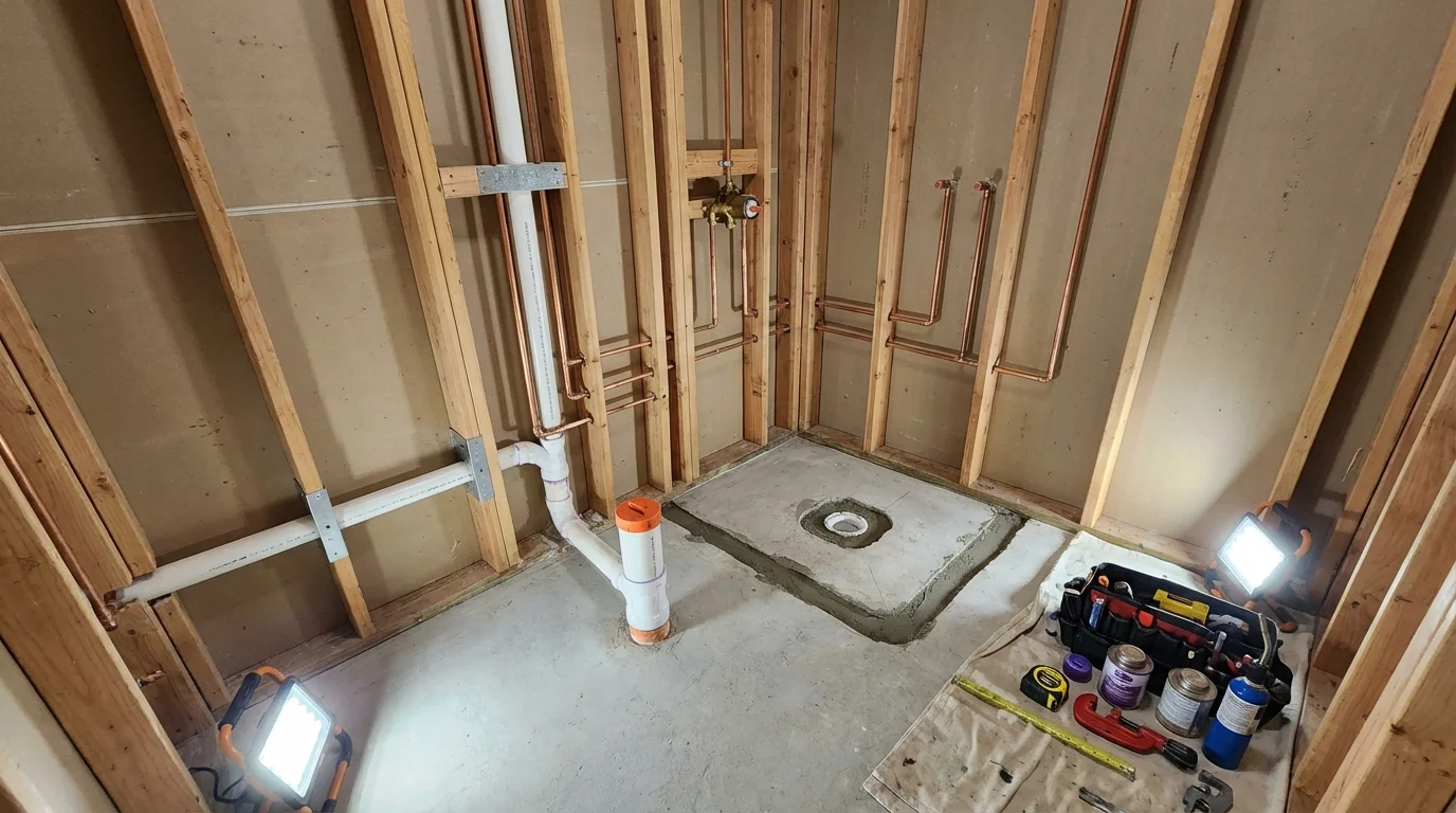 Bathroom rough-in plumbing during remodel by Johns Plumbing LLC in Chinle