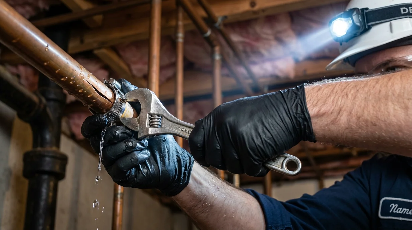 Emergency pipe clamp repair being performed by a Johns Plumbing LLC plumber in Chinle