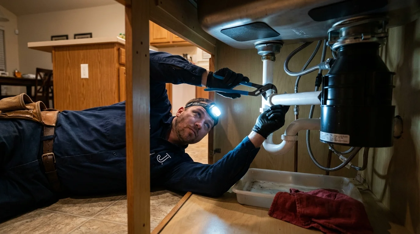 P-trap and supply line connections under a kitchen sink showing a common leak point in Chinle, AZ